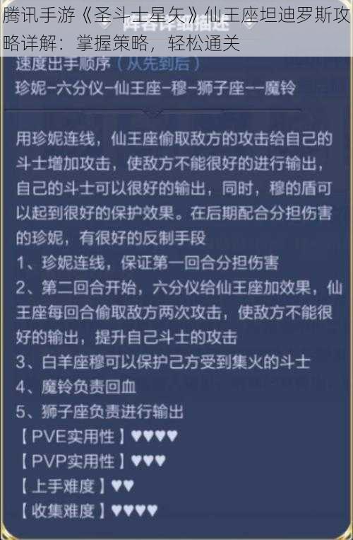 腾讯手游《圣斗士星矢》仙王座坦迪罗斯攻略详解：掌握策略，轻松通关