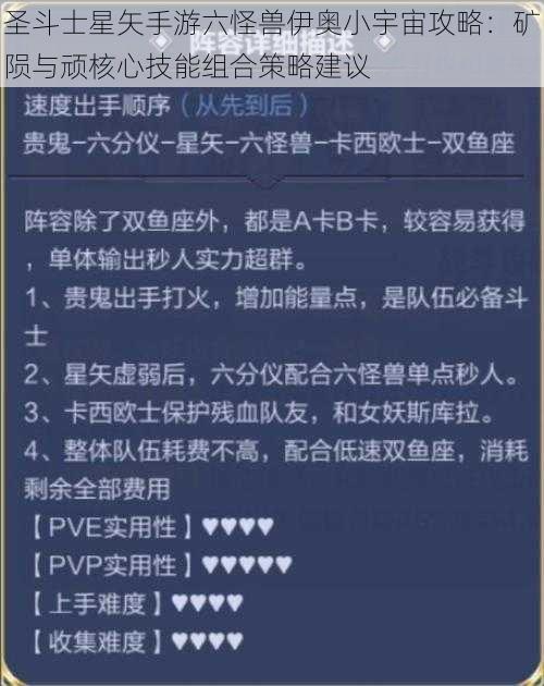 圣斗士星矢手游六怪兽伊奥小宇宙攻略：矿陨与顽核心技能组合策略建议